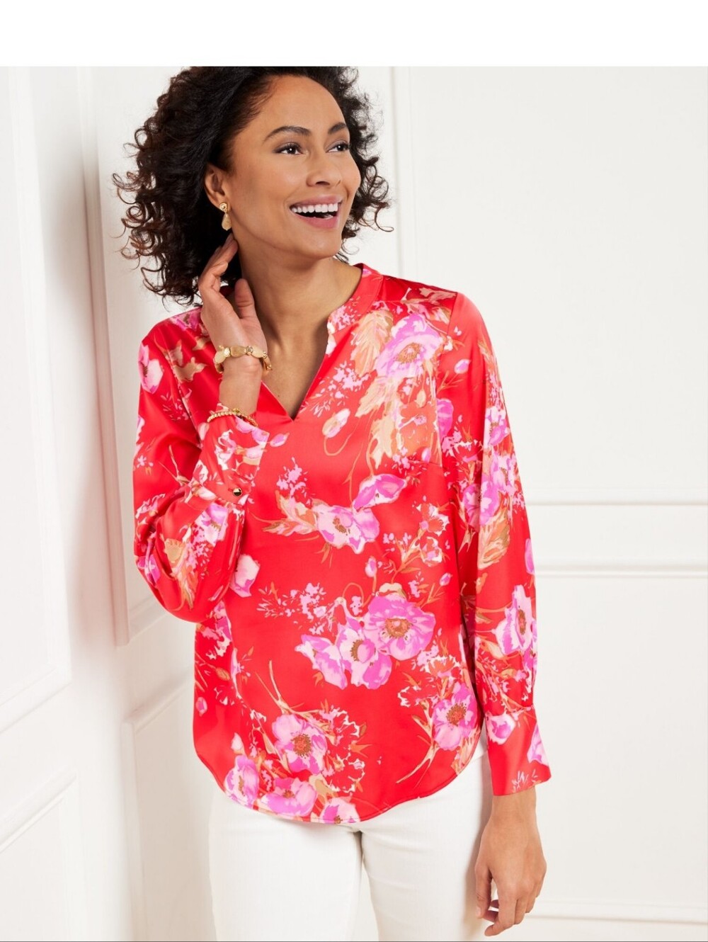 GUC Talbots Soft Satin Charmeuse Top Watercolor Bouquets Red Pepper, Pink M